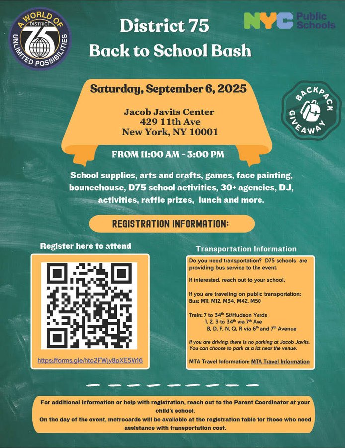 RFK_Center's tweet image. Get ready for the @NYCSchools @D75Office Back to School Bash on Saturday September 6th @javitscenter. Enjoy school supplies, activities, games, face painting, and more. Free backpack giveaway!
#District75 #BackToSchoolBash #NYC #NYCSchools
@DOEChancellor @javitscenter @nycgov