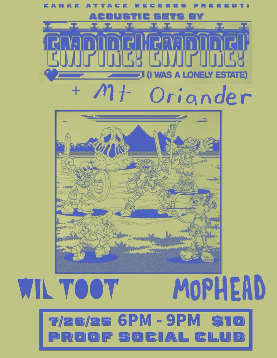 Empire! Empire! (I Was a Lonely Estate) (@eeiwale) on Twitter photo Don't forget we have an acoustic show coming up in Honolulu, HI on 7/26. It's at <a href="/proofsocialclub/">proofsocialclub</a> and we're also playing some <a href="/MtOriander/">Mt. Oriander</a> songs! Will Toot and Mophead are also playing!
EARLY SHOW, 6-9 PM. Presented by Kanak Attack Records. Don't forget we have an acoustic show coming up in Honolulu, HI on 7/26. It's at <a href="/proofsocialclub/">proofsocialclub</a> and we're also playing some <a href="/MtOriander/">Mt. Oriander</a> songs! Will Toot and Mophead are also playing!
EARLY SHOW, 6-9 PM. Presented by Kanak Attack Records.