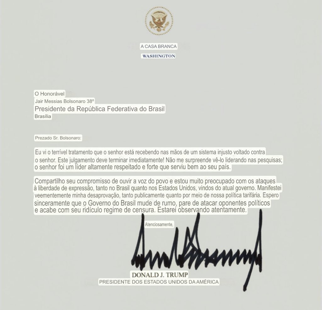 🚨 Trump posta carta em defesa do Bolsonaro.