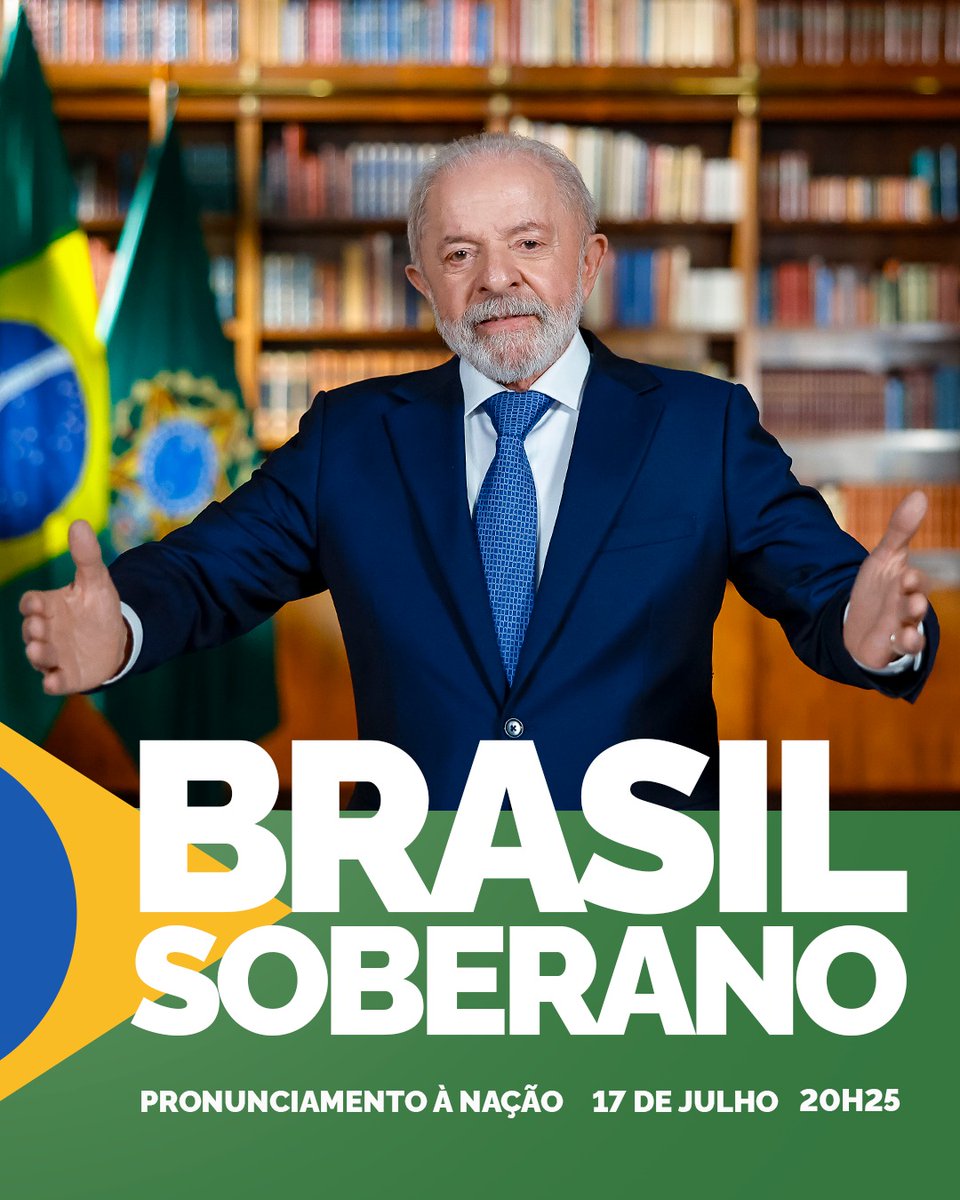 RenanFilho_'s tweet image. Soberania em rede nacional. 🇧🇷
Nesta quinta-feira (17/07), às 20h25, o Presidente Lula faz pronunciamento em rede nacional de rádio e televisão em resposta à taxação de 50% sobre os produtos brasileiros anunciada pelo presidente dos Estados Unidos.
Assista para conhecer a…