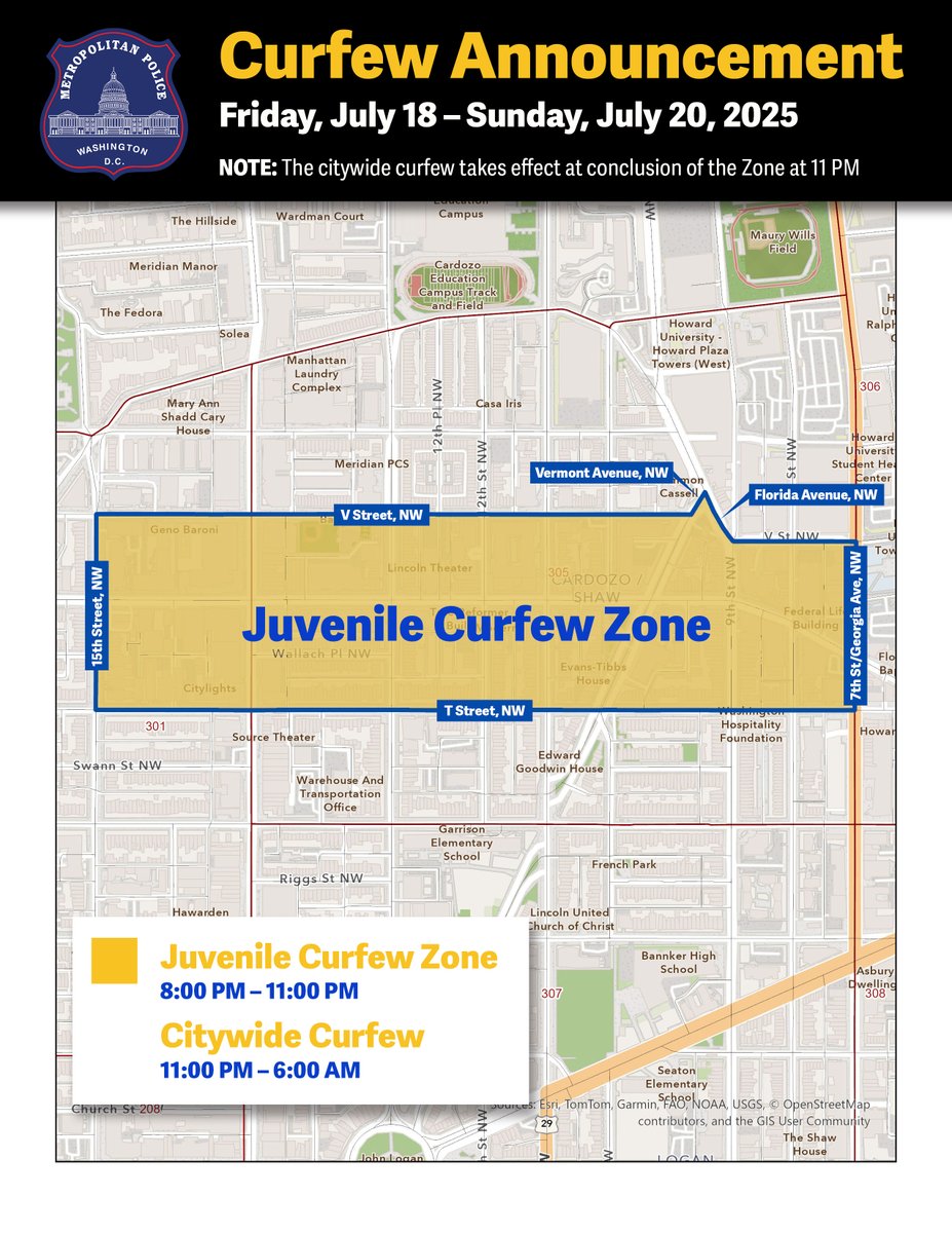 MPD announces the establishment of a Juvenile Curfew Zone in the U Street corridor area. 

Read more: mpdc.dc.gov/release/chief-…

Learn more about curfew enforcement here: mpdc.dc.gov/curfew