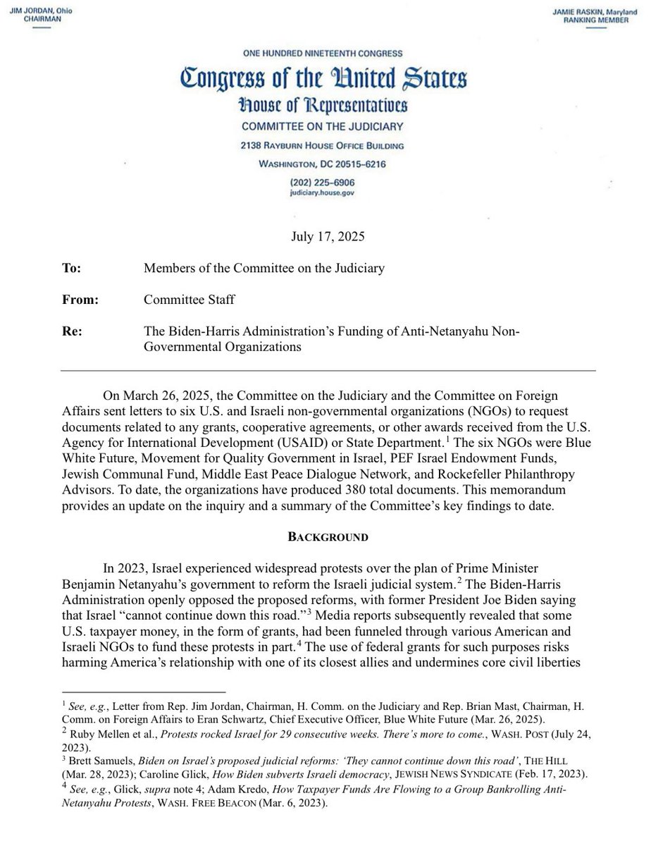 JudiciaryGOP's tweet image. #BREAKING: @JudiciaryGOP Memo Reveals Biden-Harris Admin Misused Taxpayer Dollars to Fund Anti-Netanyahu Organizations
Read it here: judiciary.house.gov/sites/evo-subs…