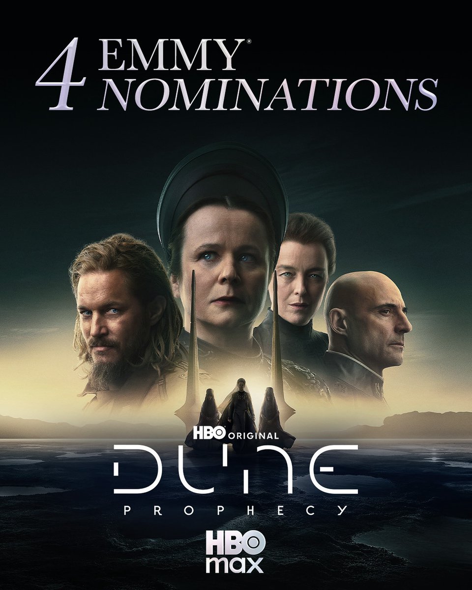 TheKJA's tweet image. Congratulations to #DuneProphecy for its 4 Emmy Nominations • Fantasy/Sci-Fi Costumes • Original Main Title Theme Music • Visual Effects • Production Design