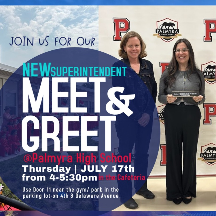 PalmyraProud's tweet photo. Tonight! Join us for a quick &amp; casual chat with your New Superintendent, Dr. Florencia Norton! All are welcome from 4-5:30pm in the PHS Cafeteria. (Park in the PHS lot at 4th &amp; Delaware Ave &amp; use Door #11 Near the Gym &amp; Mural!) Stop in &amp; share your hopes for our students! https://t.co/uRQ3QKNbDe