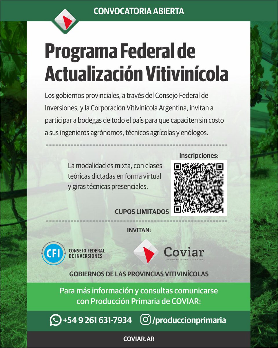 🗣️ Desde la COVIAR, junto al Consejo Federal de Inversiones y los gobiernos de las provincias vitivinícolas, invitamos a las bodegas de todo el país a participar del Programa Federal de Actualización Vitivinícola.

📱Más información en coviar.ar/entra-al-progr…