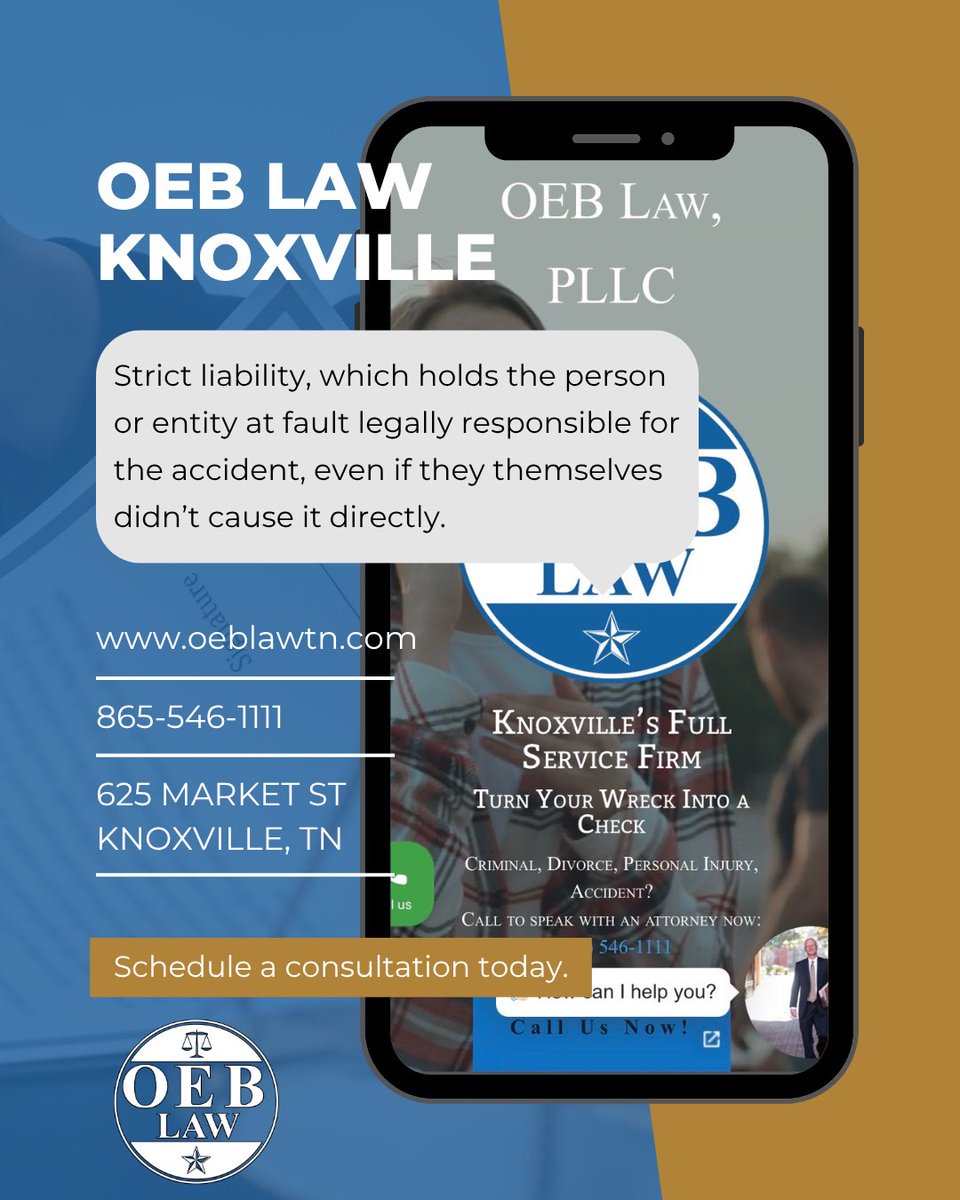 Strict liability, which holds the person or entity at fault legally responsible for the accident, even if they themselves didn’t cause it directly! For a free consultation give us a call or click the link 🔗 in bio! #OEBLaw #JustResults #Tennessee #Kentucky #FeelsLikeHome