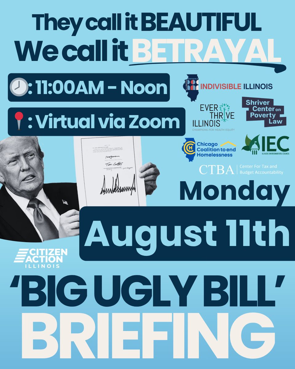 CitizenActionIL's tweet image. Illinois communities deserve transparency and accountability. That’s why we’re hosting this event — to unpack what’s really in the bill, break down how it impacts Illinois, and talk about how we fight back.

RSVP now! mobilize.us/citizenactioni…
