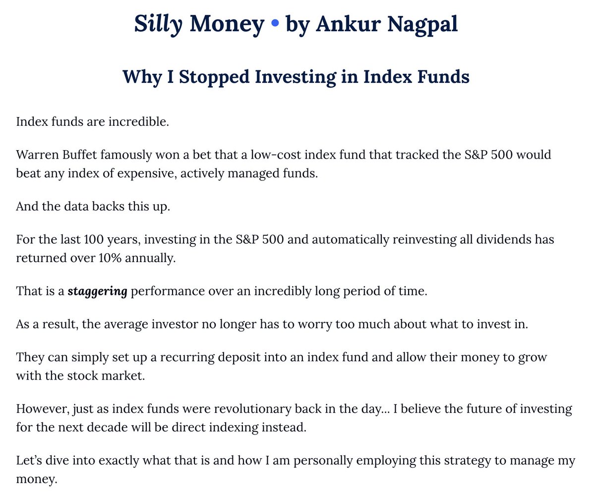 ankurnagpal's tweet image. I have stopped investing in index funds
I wrote an article on what I do instead to invest my money these days
Read it here and let me know what you think: sillymoney.com/p/why-i-stoppe…