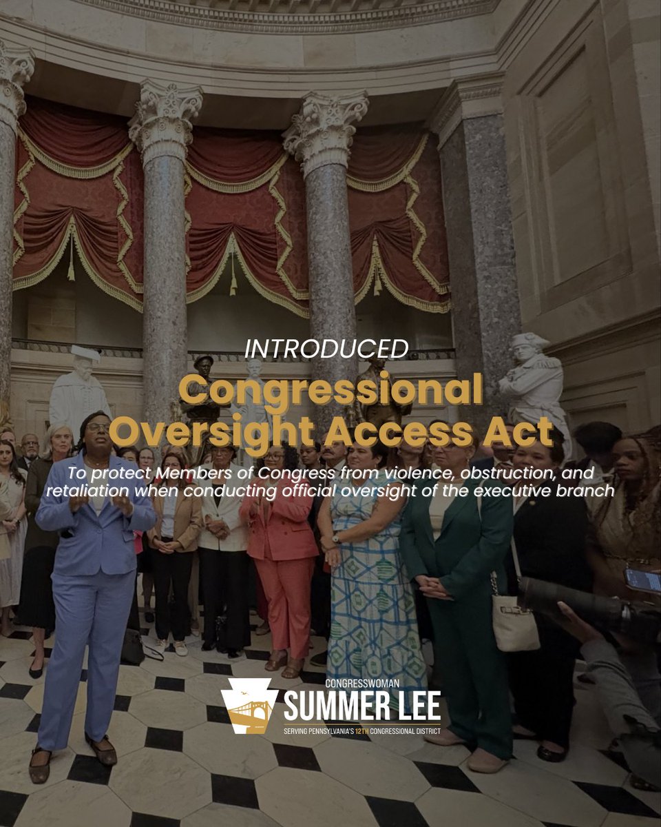 RepSummerLee's tweet image. When Members of Congress are assaulted and arrested for conducting oversight, you’re seeing unchecked executive power try to bypass the law.
Proud to introduce the Congressional Oversight Access Act with @RepMaxwellFrost and @RepDeliaRamirez to protect lawmakers from violence…