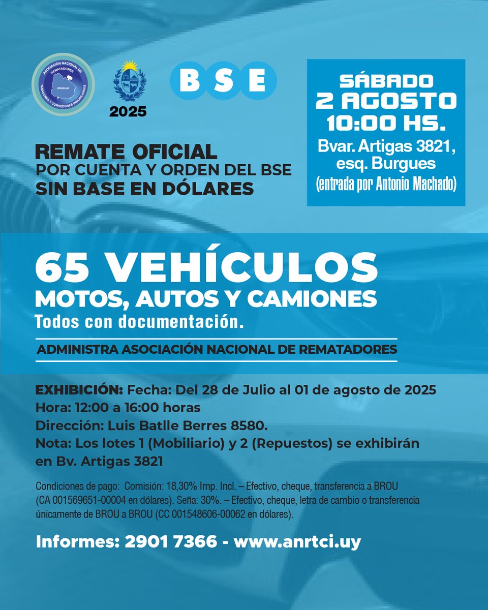 ¡Próximamente!

Remate Oficial dispuesto BSE y administrado por ANRTCI Uruguay Rematadores.

Más información:
anrtci.uy/web/ultimasNot…