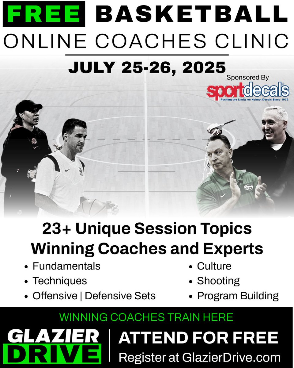 brianwwilliams's tweet photo. FREE online basketball clinic July 25-26.

19 Hours of instruction over 2 days. 

Offensive and defensive sets, Drills, Strategy, Fundamentals, Shooting, Culture, and Team-building principles.  

For coaches of any experience and level

Register: https://t.co/enSSMW5uIV https://t.co/m9rdAcfPn6