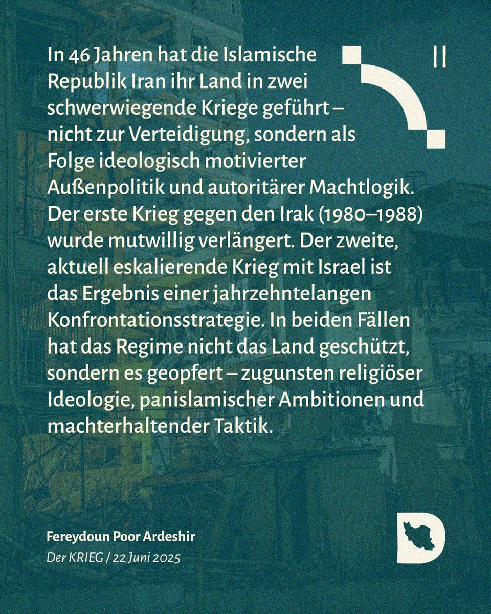 IranDiskurs's tweet image. Vom Krieg zum Krieg
Die systemische Selbstzerstörung Irans unter dem Regime
🔗 irandiskurs.de/der-krieg/vom-…
#Iran #Israel