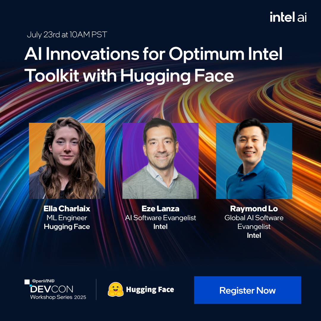 IntelSoftware's tweet image. Happening tomorrow!
Join @Intel and @huggingface to explore the latest in Optimum Intel and OpenVINO™.
Hear from the experts and gain practical tips for your next GenAI project. Register now: web.cvent.com/event/d550a2a7…