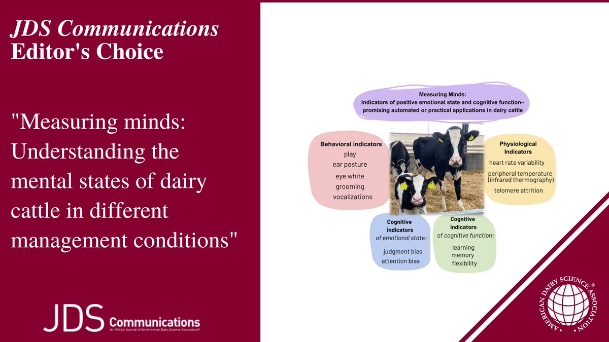 Journal of Dairy Science | JDS Communications (@jdairyscience) on Twitter photo Minimizing negative and promoting positive emotional states are central to animal welfare, but *how* can we measure the mental state of dairy cattle? Find out in a #JDSCommunications review from Heather Neave of <a href="/PurdueANSC/">Purdue Animal Sciences</a> ➡️ doi.org/10.3168/jdsc.2…
#DairyScience #SocietyPubs Minimizing negative and promoting positive emotional states are central to animal welfare, but *how* can we measure the mental state of dairy cattle? Find out in a #JDSCommunications review from Heather Neave of <a href="/PurdueANSC/">Purdue Animal Sciences</a> ➡️ doi.org/10.3168/jdsc.2…
#DairyScience #SocietyPubs