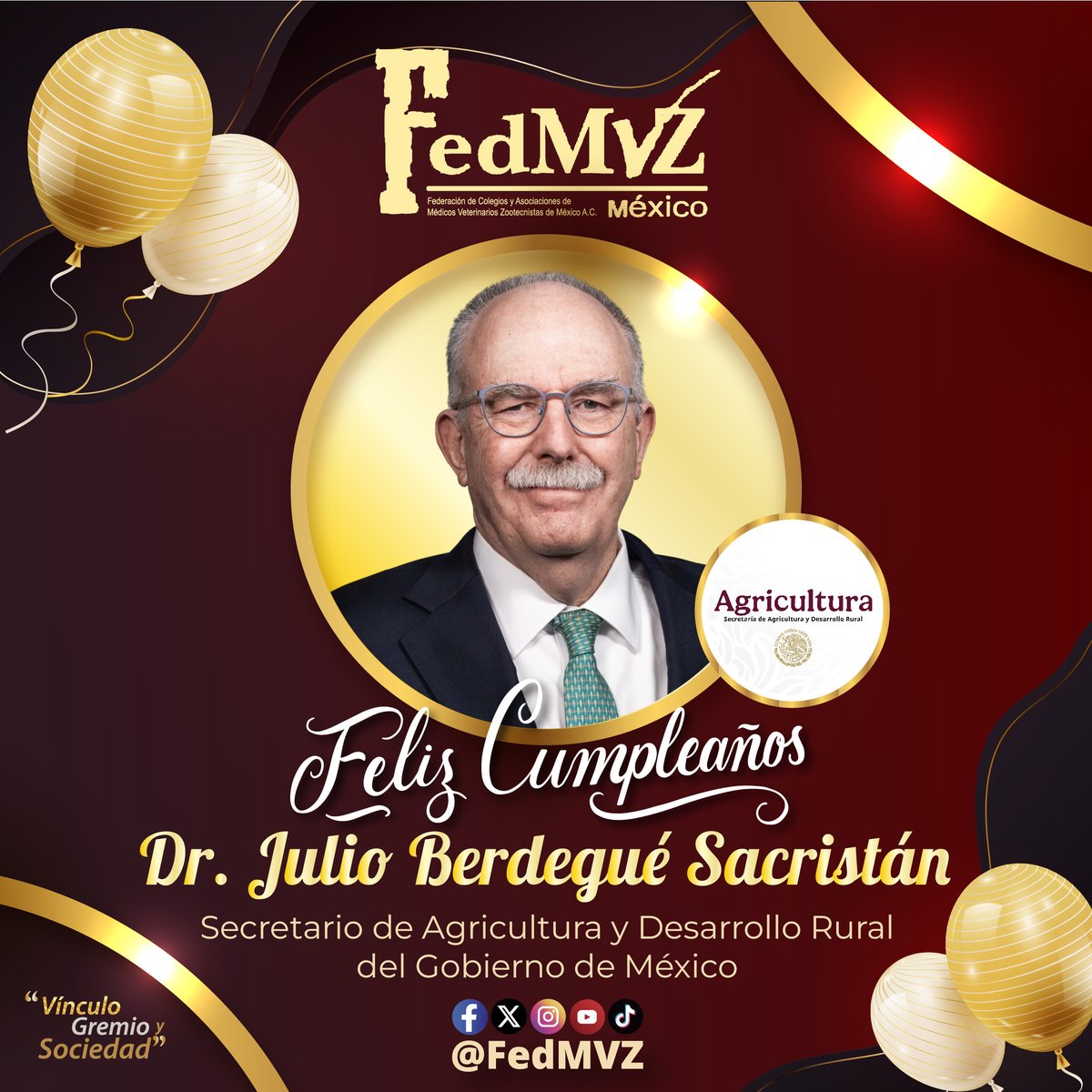 FedMVZ | Federación de Médicos Veterinarios 🇲🇽 (@fedmvz) on Twitter photo 🎉 El gremio de Médicas y Médicos Veterinarios Zootecnistas extiende una calurosa felicitación al Dr. Julio Berdegué Sacristán <a href="/JulioBerdegue/">Julio Berdegué</a>, Secretario de Agricultura y Desarrollo Rural del Gobierno de México <a href="/Agricultura_mex/">Secretaría de Agricultura y Desarrollo Rural</a> , por motivo de su cumpleaños.🎂
Le deseamos 🎉 El gremio de Médicas y Médicos Veterinarios Zootecnistas extiende una calurosa felicitación al Dr. Julio Berdegué Sacristán <a href="/JulioBerdegue/">Julio Berdegué</a>, Secretario de Agricultura y Desarrollo Rural del Gobierno de México <a href="/Agricultura_mex/">Secretaría de Agricultura y Desarrollo Rural</a> , por motivo de su cumpleaños.🎂
Le deseamos