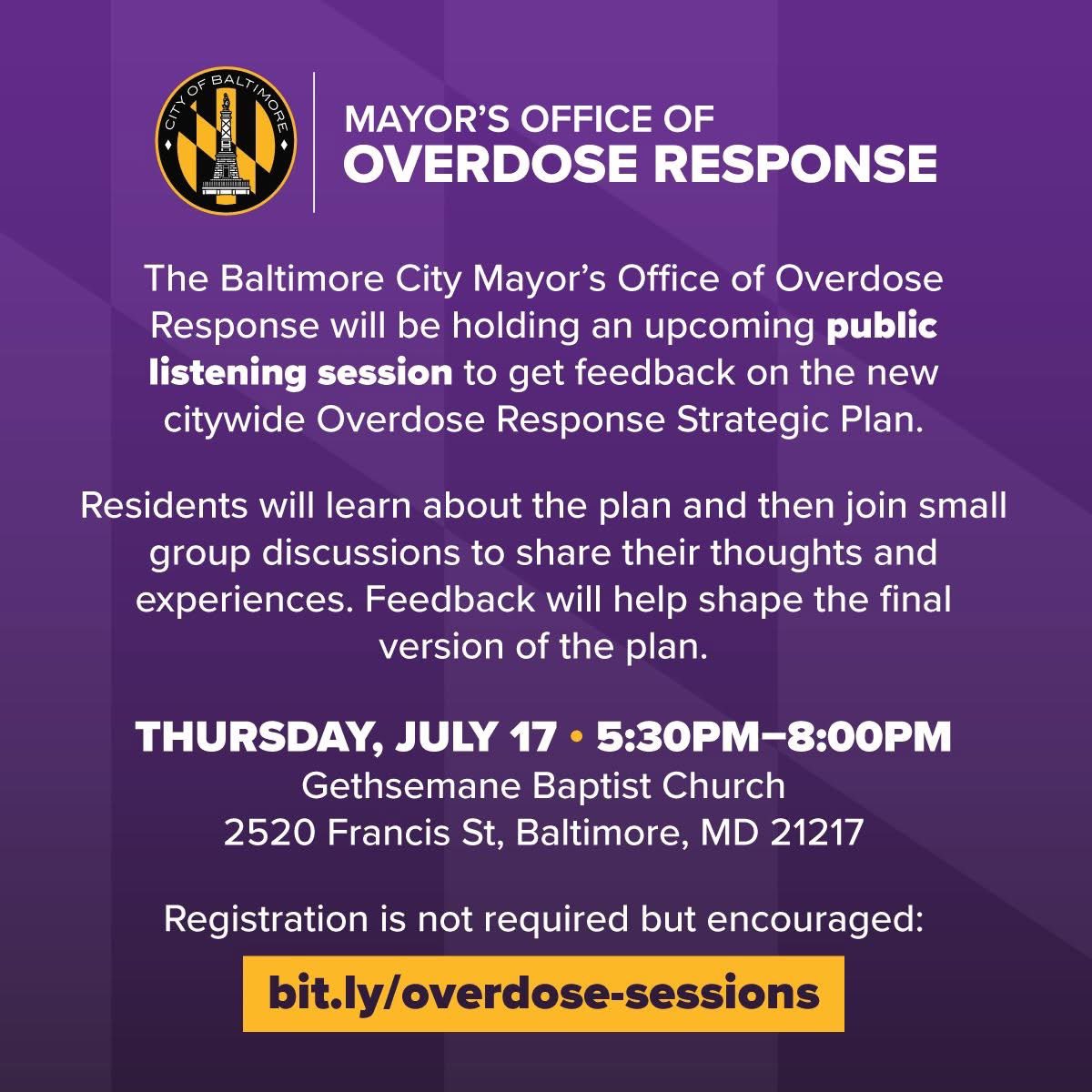 MayorBMScott's tweet image. TONIGHT: We are back in the community for another Overdose Response Public Listening Session.
Come join the conversation and have a voice in shaping the final version of our citywide Overdose Response Strategic Plan.
To register, visit: bit.ly/overdose-sessi…