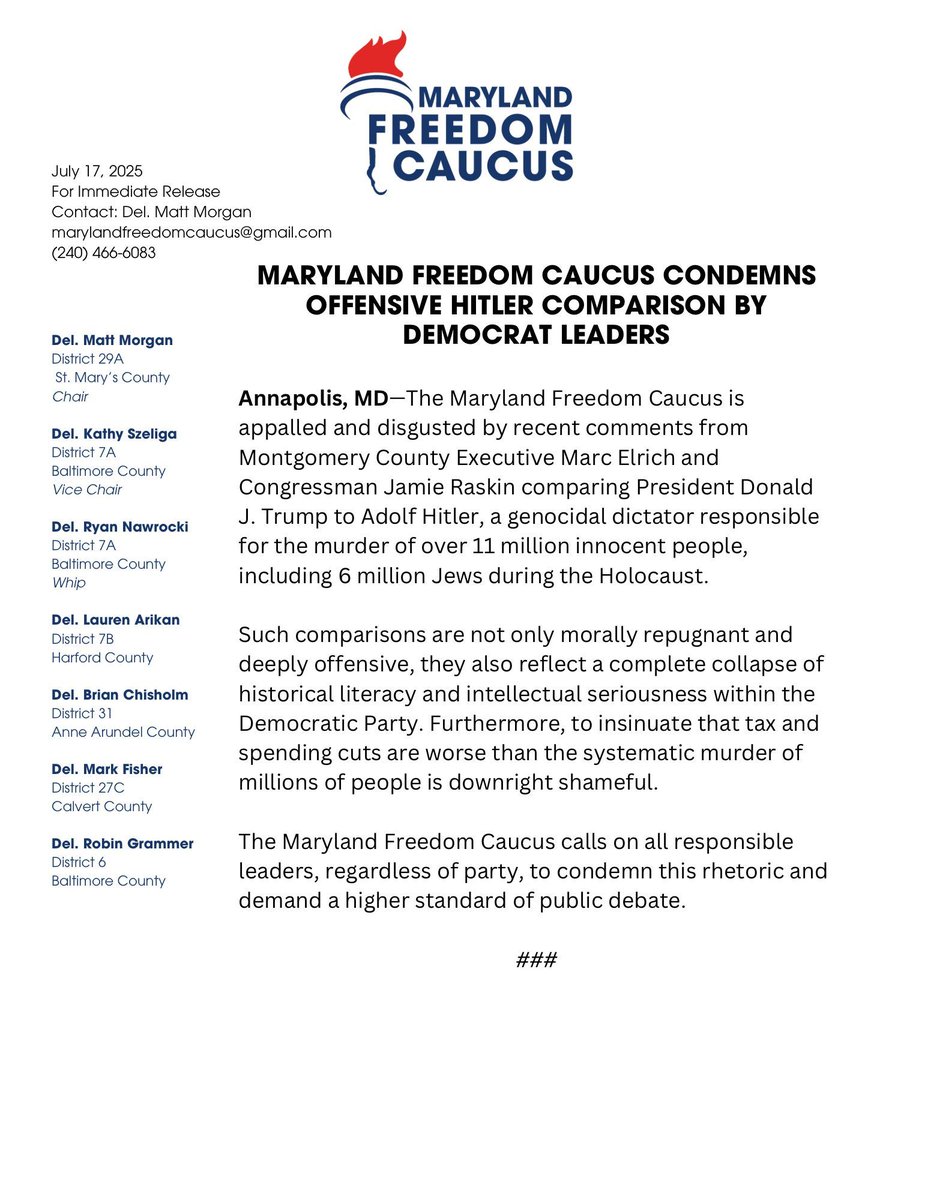 MDFreedomCaucus's tweet image. Recently, County Executive Marc Elrich and Congressman Jamie Raskin made morally repugnant comments insinuating that President Trump's tax cuts are a move "even Hitler wouldn't dream of". This rhetoric is shameful and should be rejected universally.