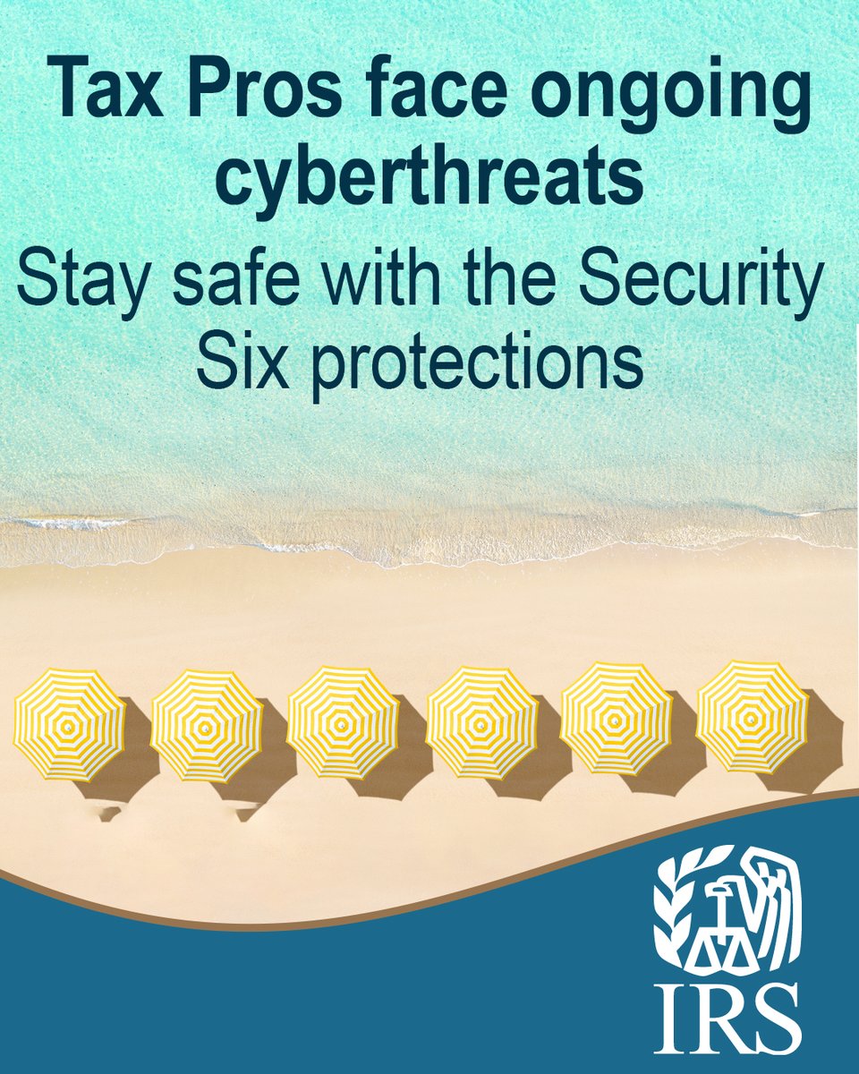 IRStaxsecurity's tweet image. #IRS and the Security Summit suggest six simple steps for #TaxPros to better protect themselves and their clients, including anti-virus software and multi-factor authentication. Learn about the Security Six protections here: ow.ly/wKvq50WpXLA