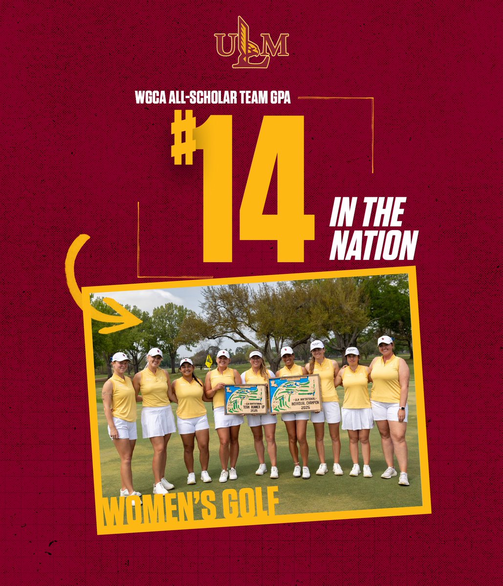 ULM_Golf's tweet photo. 𝐒𝐓𝐔𝐃𝐄𝐍𝐓-𝐚𝐭𝐡𝐥𝐞𝐭𝐞𝐬 🍎✏️
ULM places #14 in the nation in Division I Women's Golf for overall team GPA (3.891) and received the WGCA All-Scholar Team GPA Award!
#PartOfTheProcess | #ULMGolf
⛳️📰: https://t.co/u8ndoGbjP5 https://t.co/q6B5mmruHe