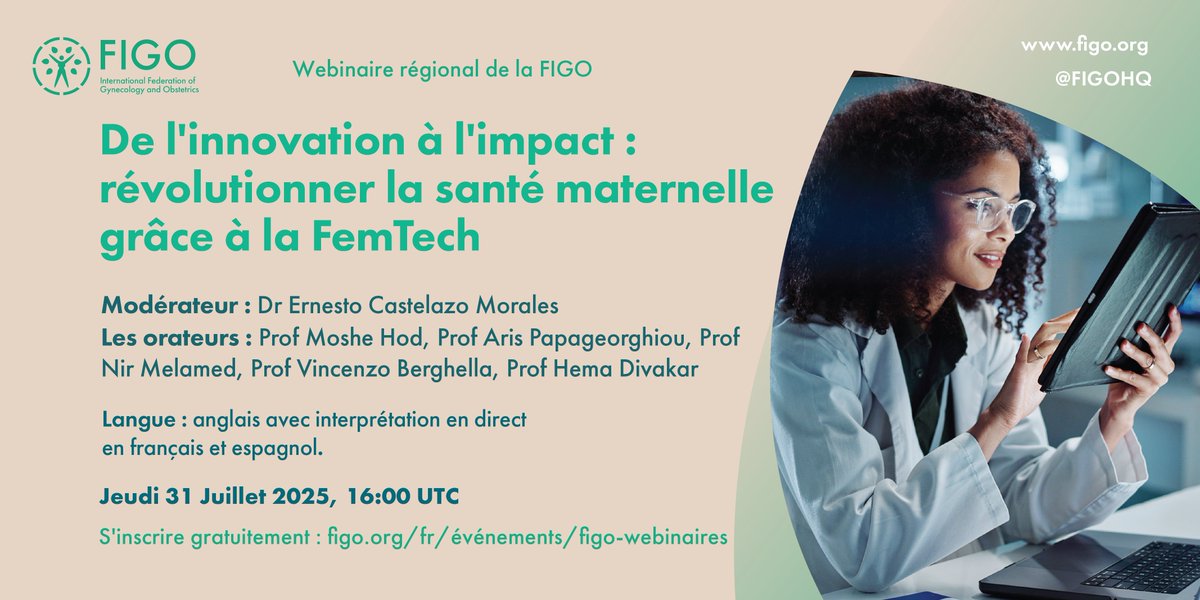 FIGOHQ's tweet image. 🌍 Rejoignez le webinaire de la FIGO sur les innovations FemTech en santé maternelle : 🧠 Thèmes clés : L'IA dans l'échographie, la prévention des naissances prématurées, les outils numériques et plus encore.
Interprétation FR/ES
🔗 Inscription : figo.ooo/3TWIw8Z