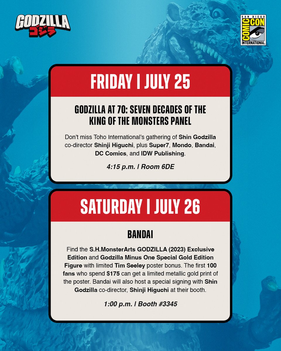 Godzilla_Toho's tweet image. Godzilla is going BIG at this summer's San Diego Comic-Con. Plan your show with the complete schedule: ow.ly/Kjjm50WqVE8