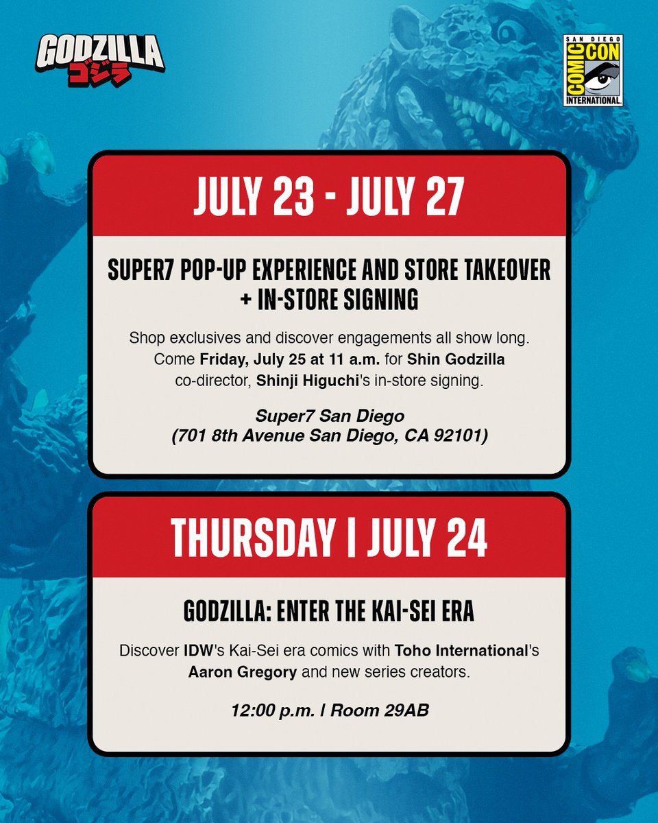 Godzilla_Toho's tweet image. Godzilla is going BIG at this summer's San Diego Comic-Con. Plan your show with the complete schedule: ow.ly/Kjjm50WqVE8