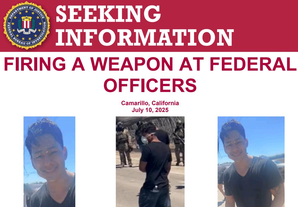 FBIMostWanted's tweet image. The FBI offers a reward of up to $50,000 for info leading to the identification, arrest, & conviction of the unknown suspect who fired a pistol at federal law enforcement officers conducting a law enforcement operation in Camarillo, CA, on July 10, 2025: fbi.gov/wanted/seeking…