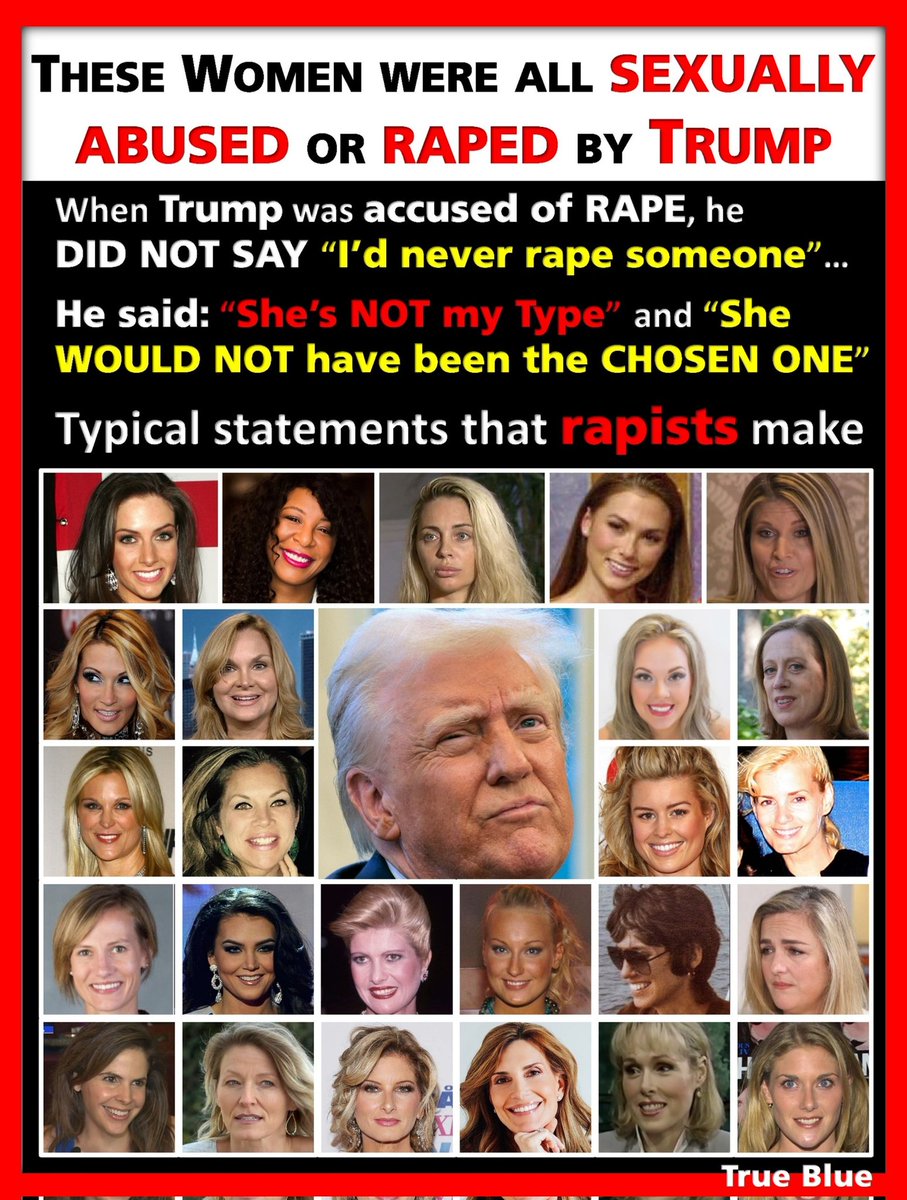 SPBMcKenna's tweet image. 📂 #PatternOfAbuse

It DOESN’T stop with #Epstein

Trump’s 1st wife accused him of a VIOLENT RAPE in a 1989 sworn deposition.

More than 26 women have credibly accused Trump of Sexual Abuse/Rape

Trump’s response to the allegations: &quot;She&apos;s not my TYPE!&quot;

#TrumpIsASexualPredator