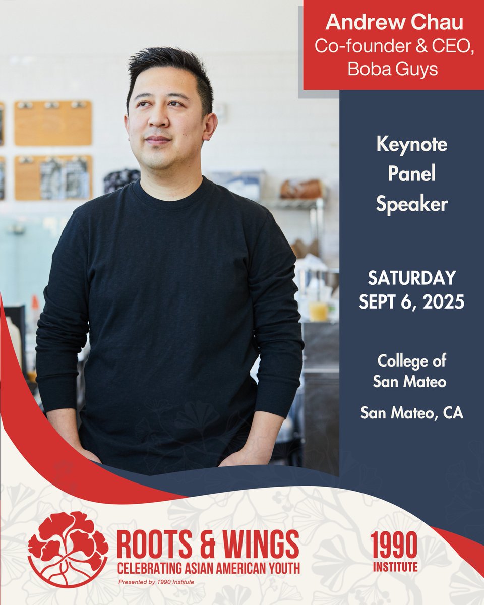 1990Institute's tweet image. 🧋 Meet Andrew Chau, co-founder of @bobaguys  + co-author of The Boba Book.

From startups to cultural impact, he’s shaping Asian American entrepreneurship.

🎤 Catch him Sept 6 at our Roots &amp;amp; Wings Youth Symposium!
🎟️ Register: eventbrite.com/e/the-2025-asi…

#1990Institute