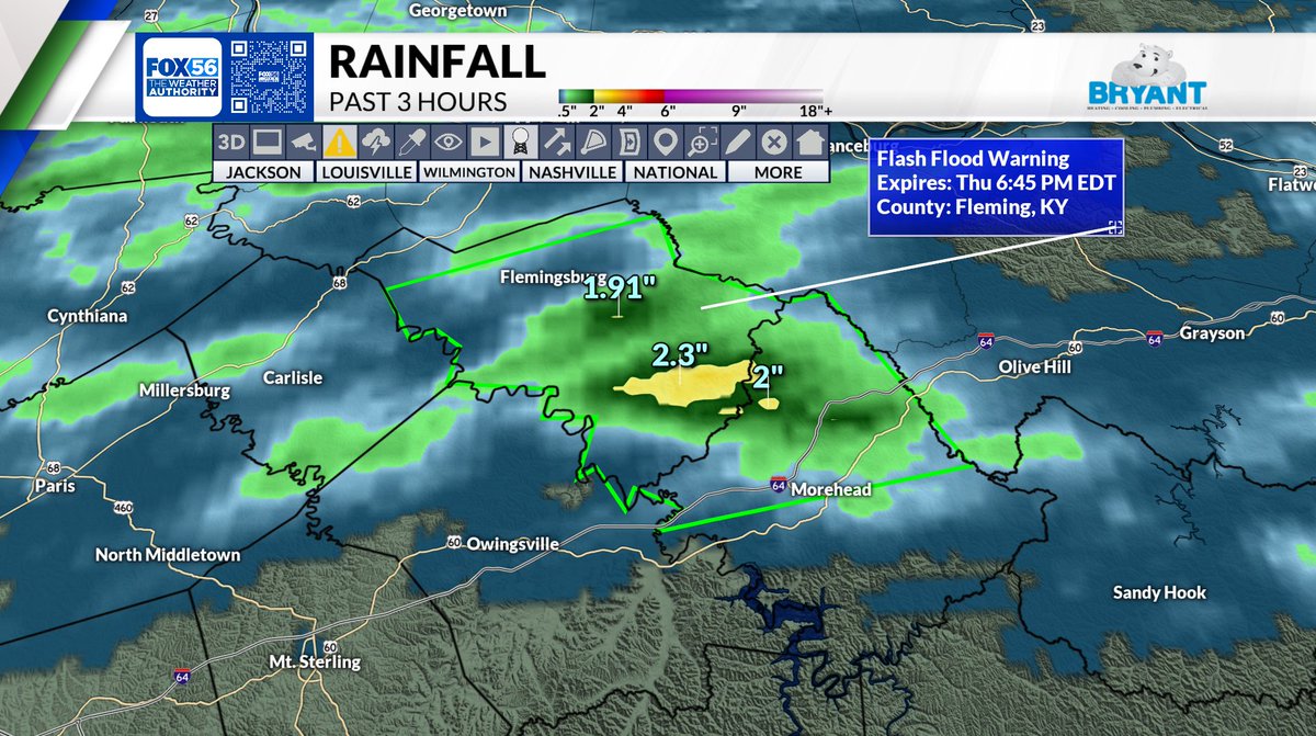Justin Esterly - Fox 56 Weather (@justinesterlywx) on Twitter photo FLASH FLOODING POSSIBLE
In Rowan and Fleming county, radar rainfall estimates between 1 to 2+ inches of rain in the past few hours.
Warning in place until 6:45 pm.
<a href="/FOX56News/">FOX 56 News (WDKY)</a> #kywx FLASH FLOODING POSSIBLE
In Rowan and Fleming county, radar rainfall estimates between 1 to 2+ inches of rain in the past few hours.
Warning in place until 6:45 pm.
<a href="/FOX56News/">FOX 56 News (WDKY)</a> #kywx