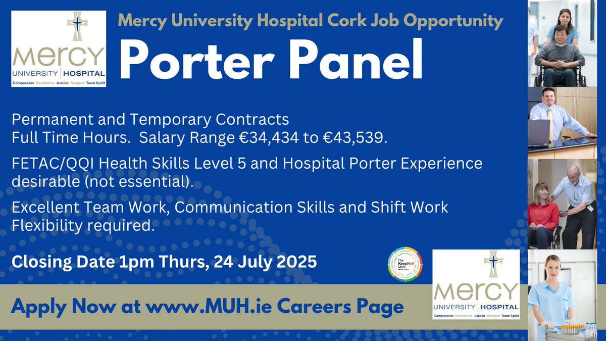DeeORiordan8's tweet image. 🖐@Mercycork are recruiting a #Porter Panel!

Perm &amp;amp; Temp Contracts. Full Time Hrs.
Salary Scale €34,434 to €43,539

For more details, see here: api.occupop.com/shared/job/por…

Closing Date 1pm Thurs 24 July 2025. 

#hsejobs #publicjobs #HospitalPorter #HealthSkills