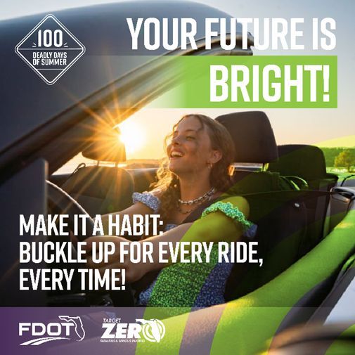 MyFDOT_NEFL's tweet image. 🚗 Buckle up, every trip, every time! Safety belts reduce the risk of fatal injuries by 45% for front-seat passengers.
✅ Whether you're driving or riding, remember to always #BuckleUpFL!
#100DeadlyDays