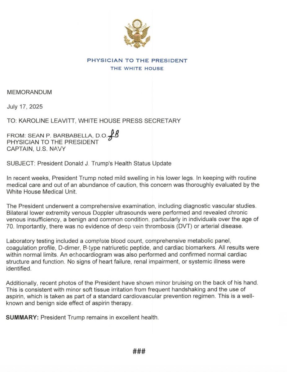 cami_mondeaux's tweet image. Here's the memo from the WH physician diagnosing Trump with chronic venous insufficiency
"SUMMARY: President Trump remains in excellent health."