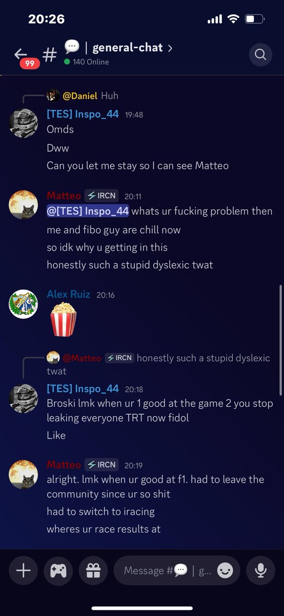 🚨 | BREAKING F1 COMMUNITY NEWS

Matteo Soccea calls Inspo_44 a 'dyslexic cunt' maybe he didn't mean it that bad, but the fact that Inspo actually is Dyslexic makes the message way worse

Generally Matteo is known for being a dick towards everyone.

#f125 #f1esports
