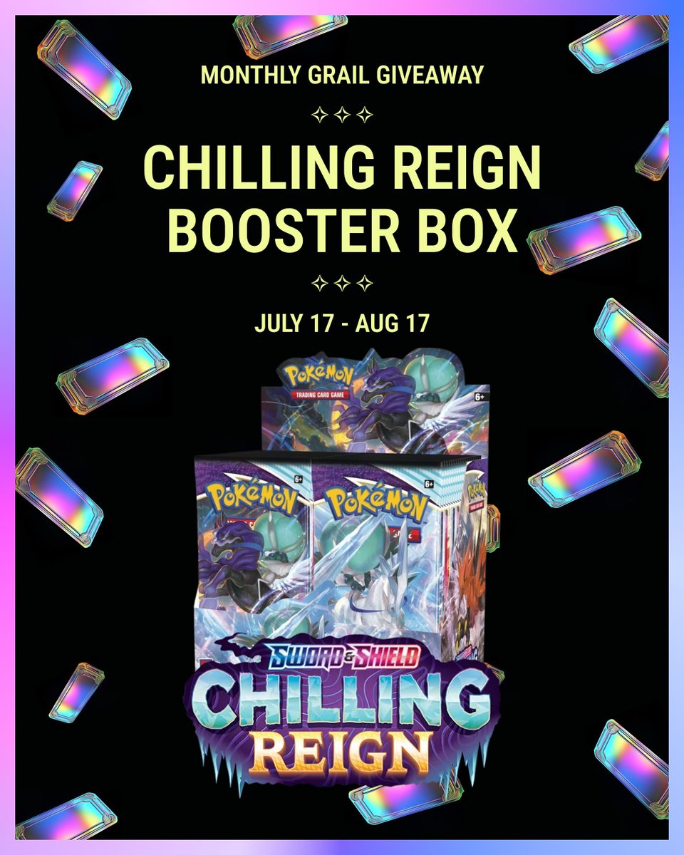 grailsgg's tweet image. 🚨 MONTHLY GRAIL GIVEAWAY🚨 

📅 Giveaway runs: July 17th — August 17th

One lucky winner will be taking home... 
🧊  Chilling Reign Booster Box! 🧊 

✅ Free to enter.
✅ More packs = more entries.
✅ Winner announced after August 17th!

(18+ USA only. Full rules on our site.)