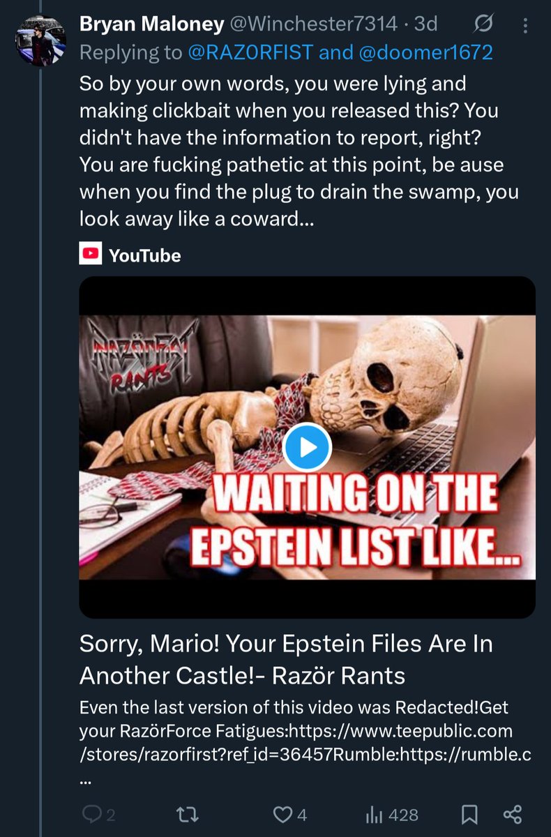 Winchester7314's tweet photo. What a fucking joke 😂😂 @RAZORFIST
#RazorFistsHimself #RazorFist I guess by his own logic he is a liar and making clickbait. That's the thing with some of these youtubers, literally ZERO self awareness. And if you call him out he can't respond with anything but a block 🤡 https://t.co/KGA3ujGuTY