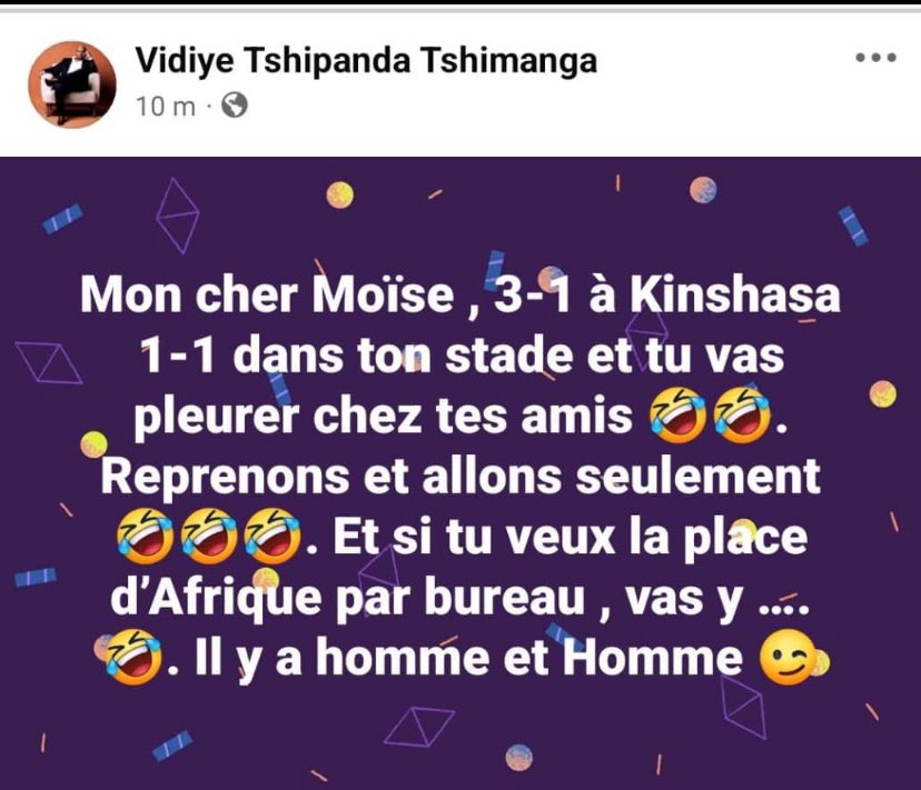 prof Onyemba Laurent (@acquitator81c) on Twitter photo Cher <a href="/VidiyeTshimanga/">Vidiye Tshimanga Tshipanda</a> ,tu viens d’arriver au stade, tu dois regarder le marquoir. Il est de victoire provisoire et hasardeuse. Il faut poser la question à la #fecofa ou regarder le palmarès. Rendez-vous à la phase retour.
<a href="/moise_katumbi/">Moise Katumbi</a> <a href="/SalomonKalonda/">Salomon SK Della</a> <a href="/flory_mapamboli/">Flory Mapamboli</a> Cher <a href="/VidiyeTshimanga/">Vidiye Tshimanga Tshipanda</a> ,tu viens d’arriver au stade, tu dois regarder le marquoir. Il est de victoire provisoire et hasardeuse. Il faut poser la question à la #fecofa ou regarder le palmarès. Rendez-vous à la phase retour.
<a href="/moise_katumbi/">Moise Katumbi</a> <a href="/SalomonKalonda/">Salomon SK Della</a> <a href="/flory_mapamboli/">Flory Mapamboli</a>