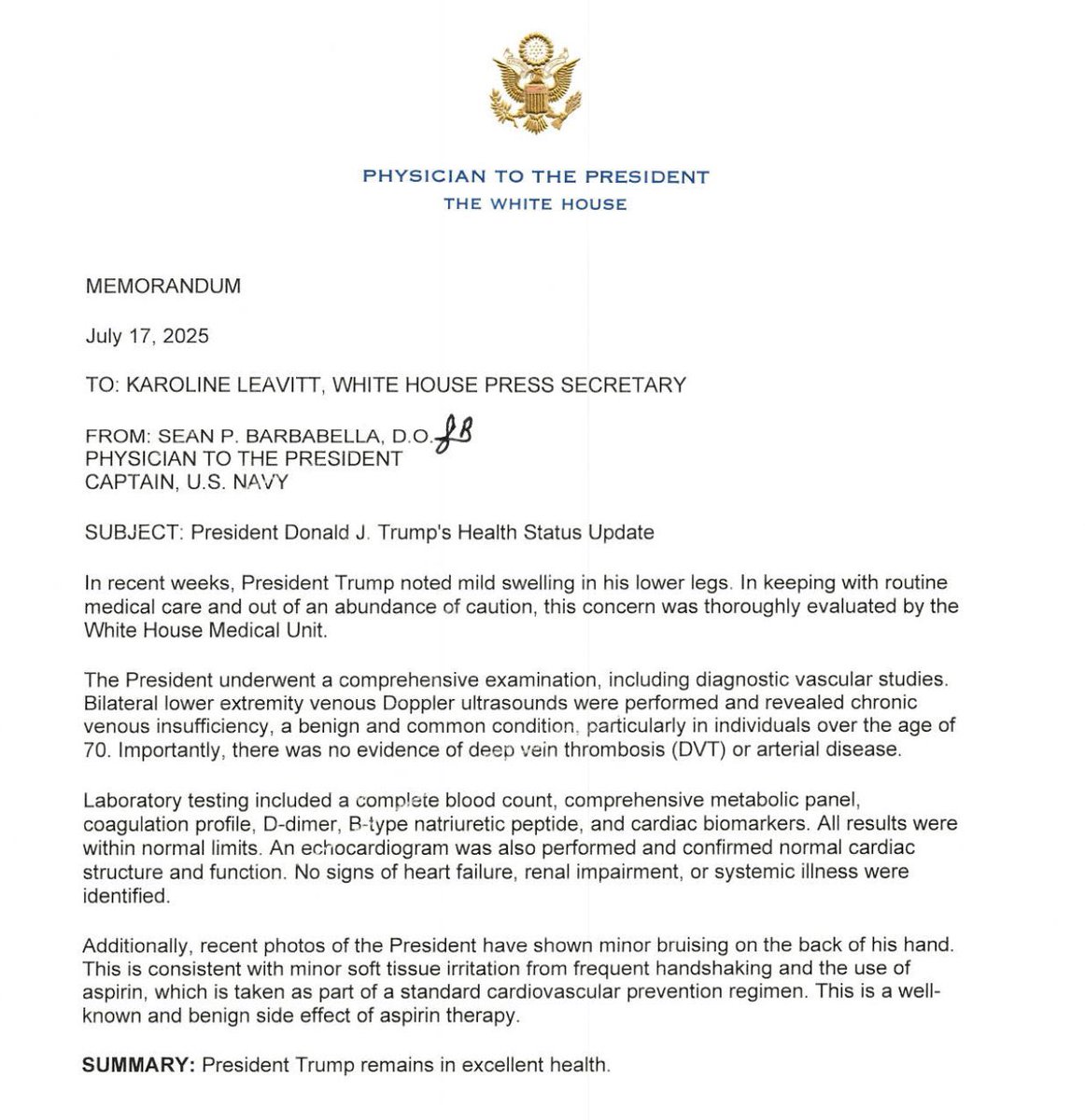 KylieJaneKremer's tweet photo. White House releases report from President Trump’s decorated Navy physician, Capt. Sean Barbabella, DO.

“President Trump remains in excellent health”

This is what transparency looks like! Thank you, Captain Barbabella 🫡🇺🇸 https://t.co/b8Gv9qPPWc