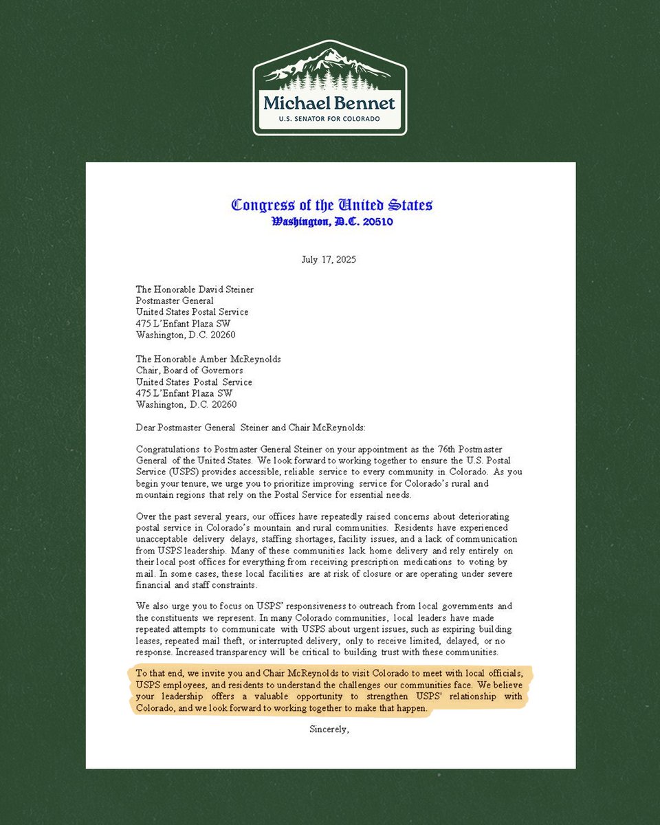 SenatorBennet's tweet image. Today, I led my Colorado colleagues in congratulating our 76th Postmaster General, David Steiner, on his appointment and urged him to prioritize improving service across our state.
For years, our rural and mountain communities have faced postal delays. I look forward to working…