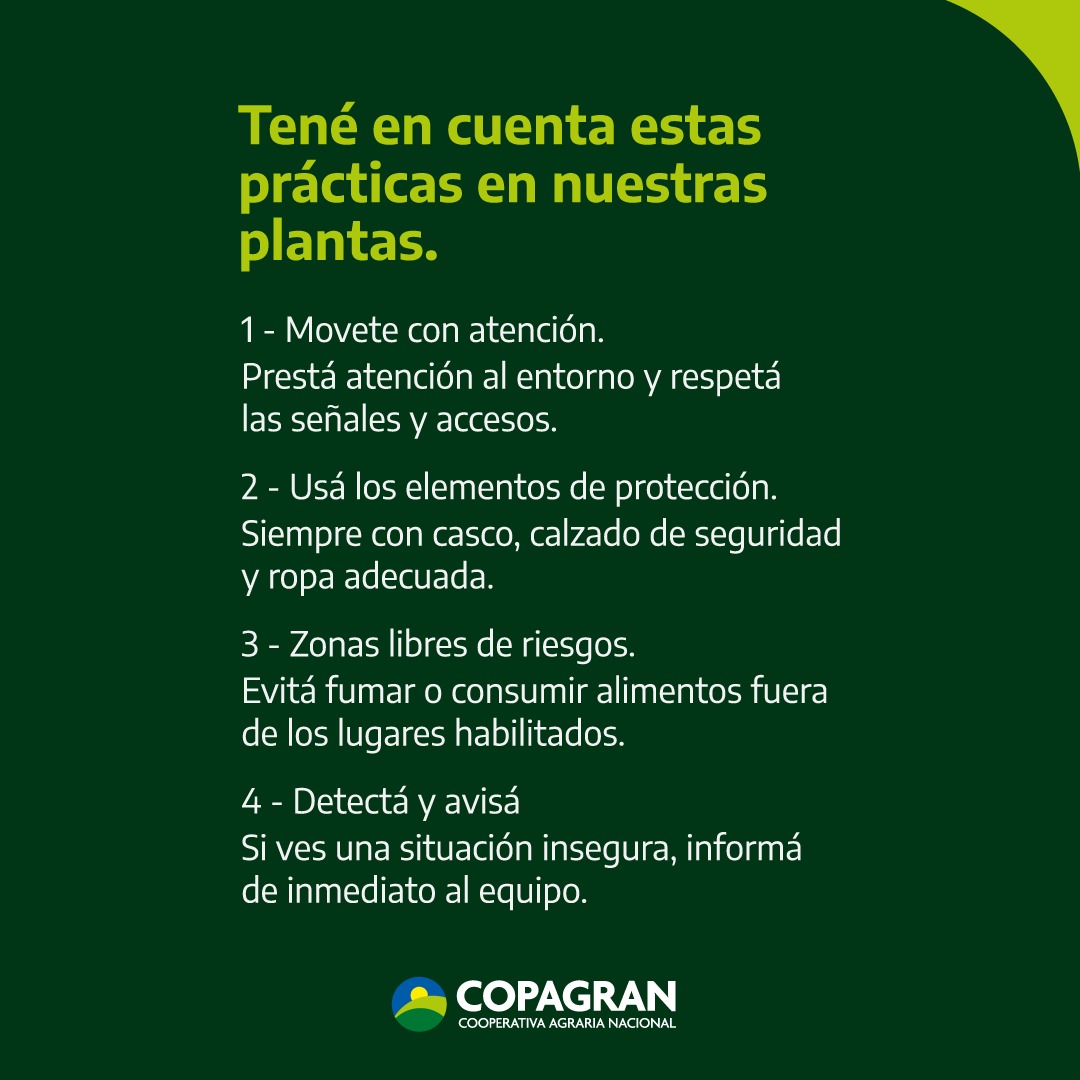 🦺 En COPAGRAN, trabajar con seguridad es un compromiso diario. Cada acción cuenta para construir un entorno más seguro para todas y todos.
Deslizá y conocé algunas recomendaciones clave. 👉