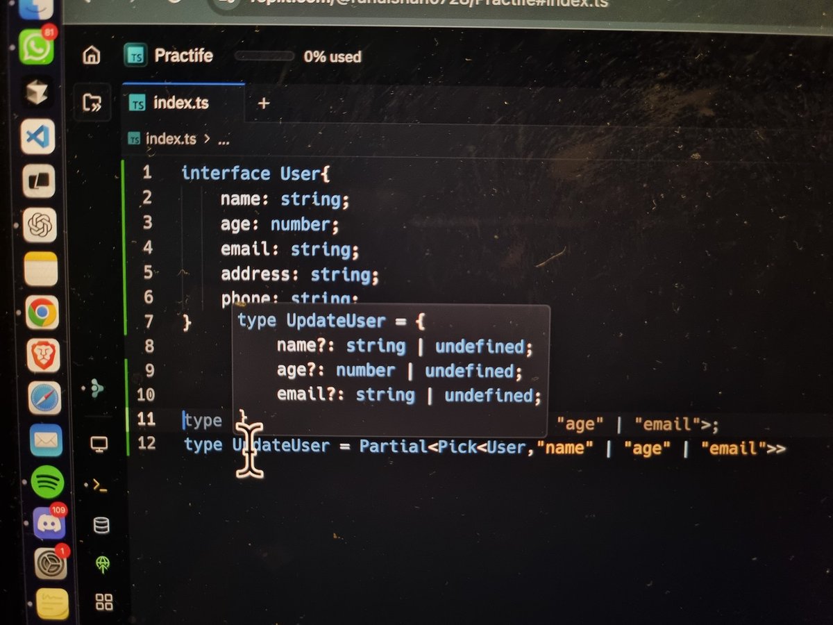 Today i learned or revised some new thing like in typescript

&gt; We can create an another type for parent type by using `Pick` and with the help of `Partial` we can make a whole type to be optional.

&gt; The main benefit of Pick come when the type of key Picked change apply at both