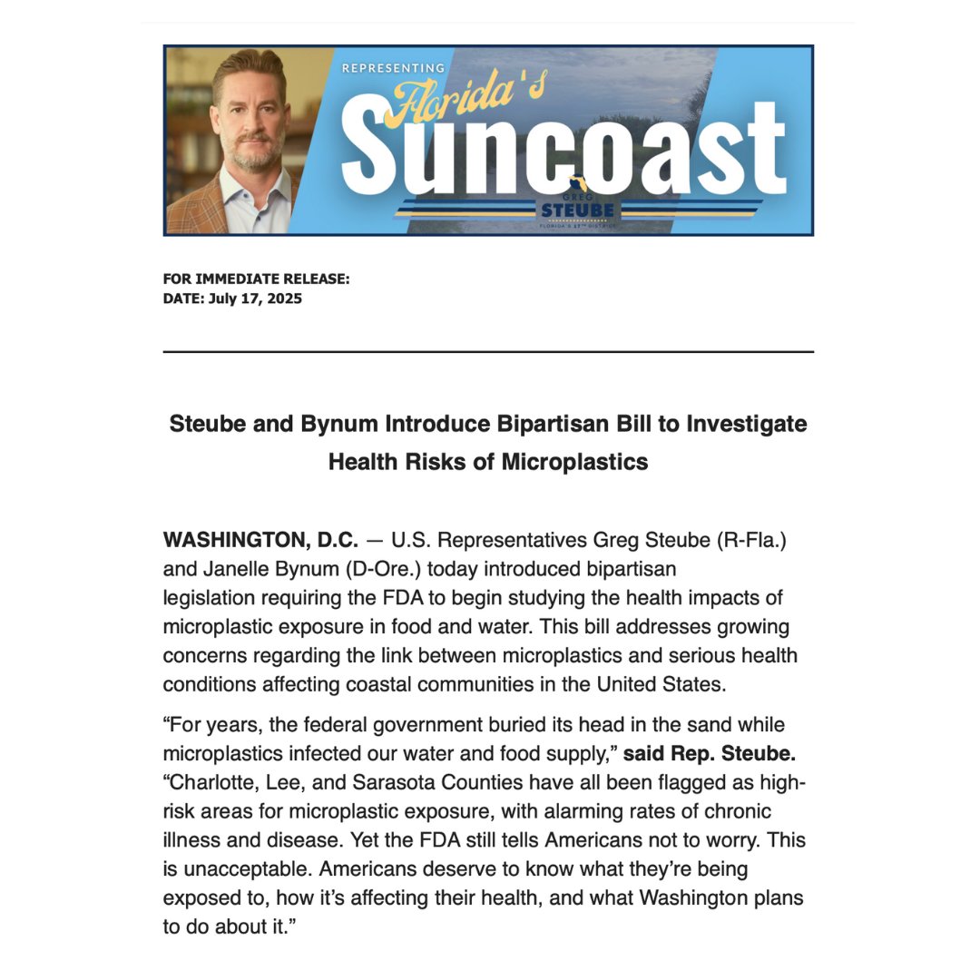 RepGregSteube's tweet image. Microplastics have contaminated our food and water—and the government still hasn’t investigated the long-term health risks.
Charlotte, Lee, and Sarasota Counties are already seeing alarming rates of disease and illness.
Americans should expect clean food and drinking water.…