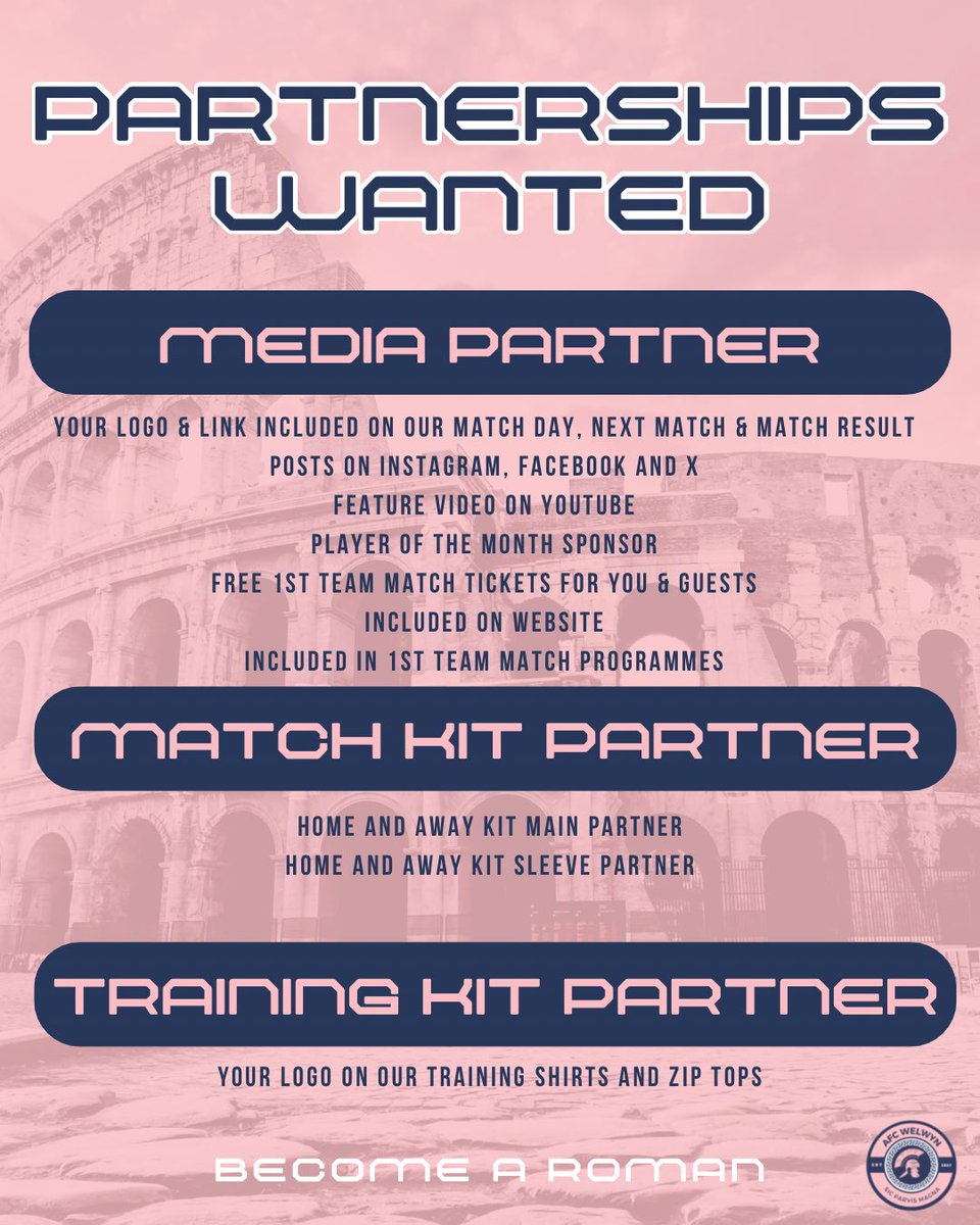 AFC Welwyn Ladies (@afcwelwynladies) on Twitter photo We want YOU to be a Roman🛡️
We're looking for partners to join us on our journey📈
If you're interested - drop us a message or email us afcwelwynladies@outlook.com
Can't wait to welcome you to the team 🤝🏼
#UpTheRomans We want YOU to be a Roman🛡️
We're looking for partners to join us on our journey📈
If you're interested - drop us a message or email us afcwelwynladies@outlook.com
Can't wait to welcome you to the team 🤝🏼
#UpTheRomans