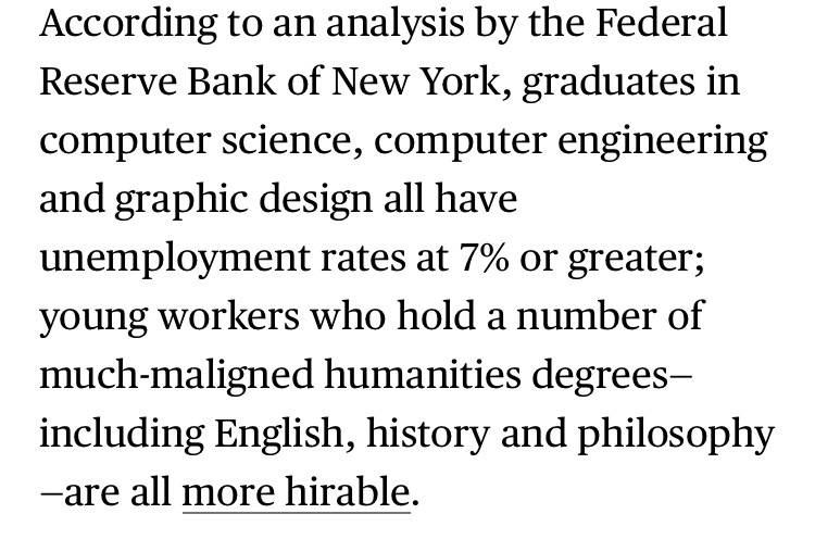 Dcollier74's tweet image. Yea humanities majors a the fucking managers and team leads.
We overproduced CS people and it was internationally engaged by Tech in the media to do more so they'd have an endless supply of cheap labor to exploit, then fuck over.