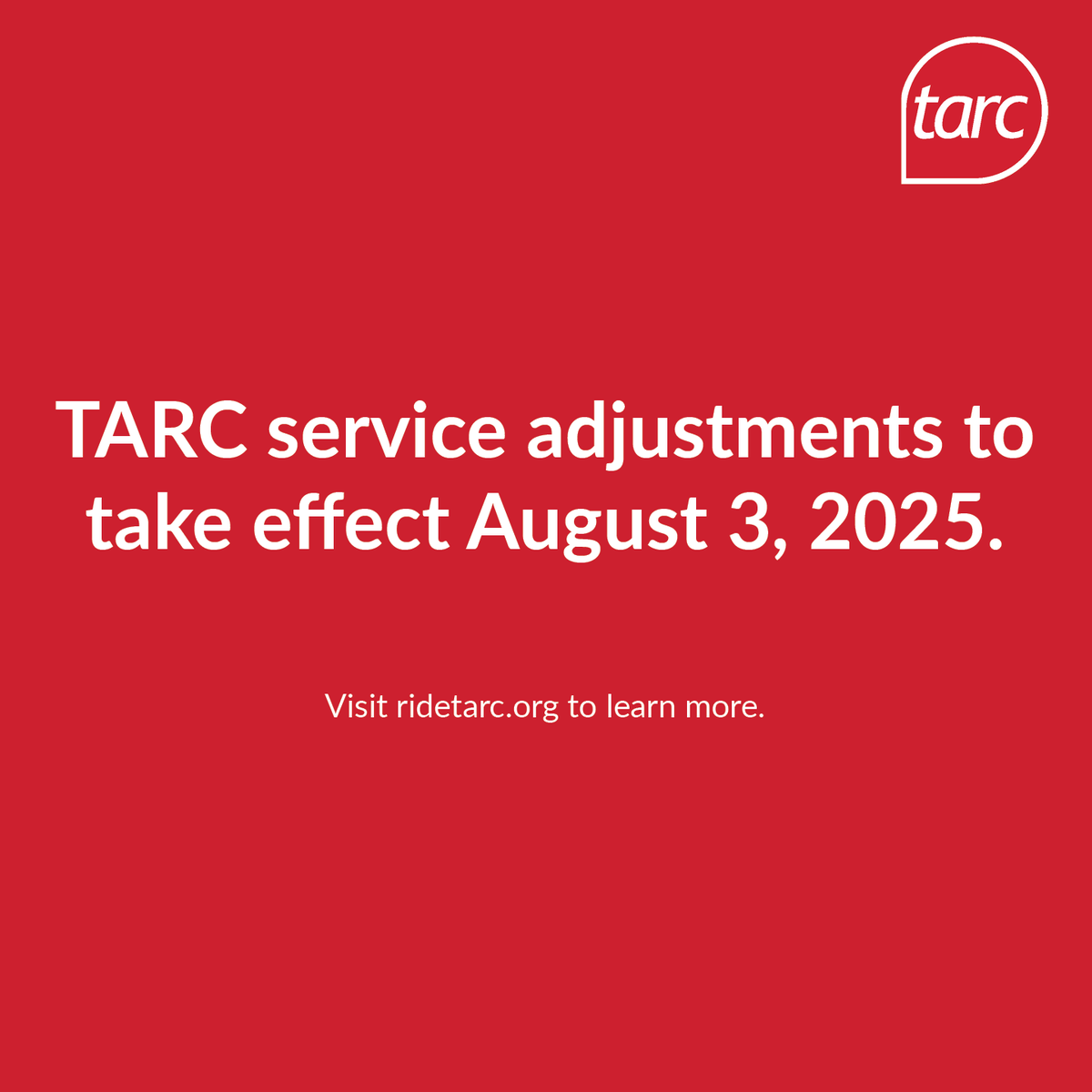 Schedule adjustments to improve reliability go into effect August 3.

Impacted routes include Routes #2, #4, #6, #17, #19, #21, #23, #25, #28, #38, #41, #51, #58, #71, #83, #93, and #99.

To learn more, please visit: ridetarc.org/overview-of-au…