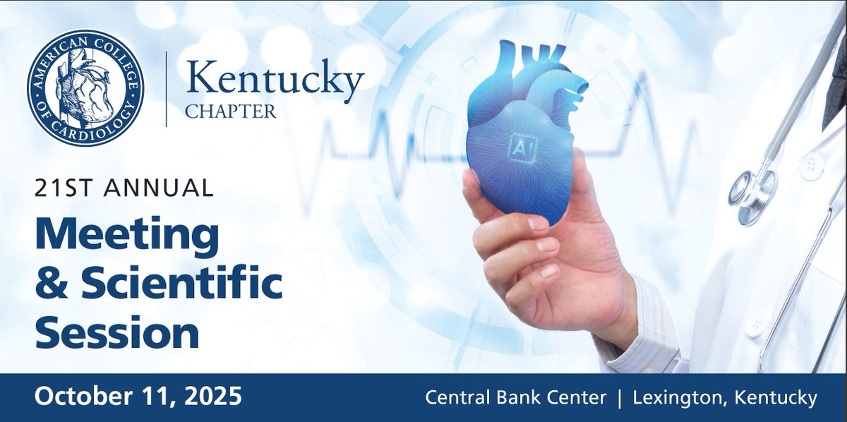 Save the date: KY-ACC 21st Annual Meeting &amp; Scientific Session
📍 Lexington, KY | 🗓️ Oct. 11, 2025

Join us at Central Bank Center for a full day of cardiovascular education and networking.
Details: kentuckyacc.org/annual-meeting…