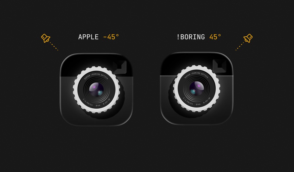 asallen's tweet image. Apple's default lighting direction for liquid glass is set to top left (-45°) and it conflicts with my preferred (and !Boring default) top right (45°) which is less common but, I think, a superior default.
In traditional graphic design the aim is often to create "dynamic"…