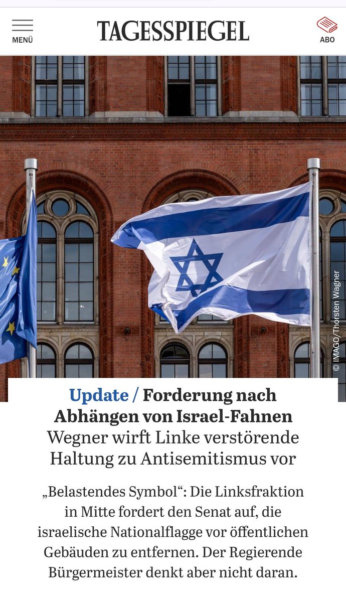 Die Partei "Die Linke" fordert dass die israelische Fahne vor dem Rathaus Berlin Mitte entfernt wird. Sie geriert sich dabei so, als wären sie der parlamentarische Arm der Stroop-Truppen, die Tage brauchten um die über dem Warschauer Ghetto wehende Fahne des Jüdischen