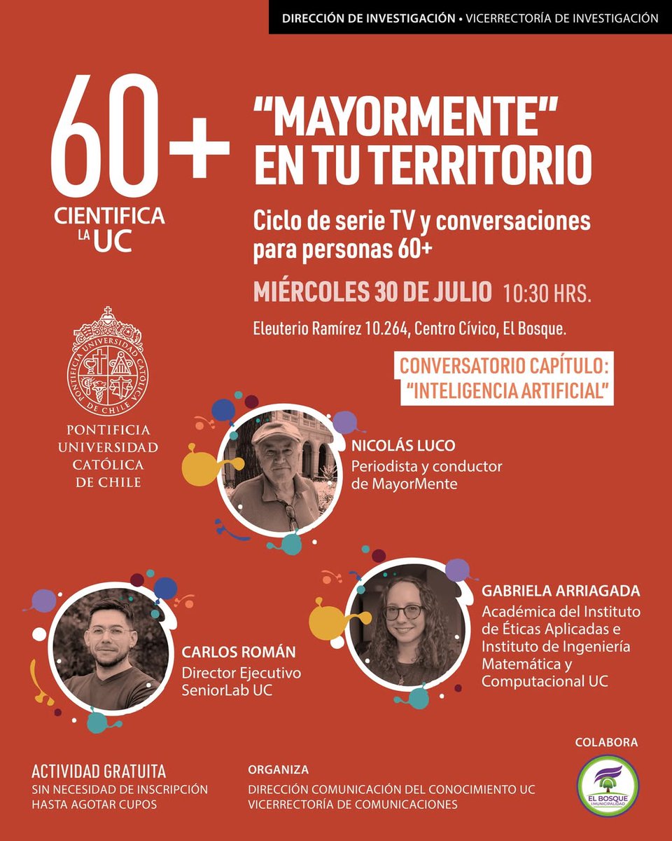 IMC UC (@imc_uc) on Twitter photo 🗓️ El miércoles 30/7, a las 10:30, se realizará "MayorMente en tu territorio", un espacio de diálogo y encuentro para personas 60+. El tema será la inteligencia artificial y en el conversatorio participará <a href="/gabruneau/">Gabriela Arriagada Bruneau (she/they)</a>, académica IMC/<a href="/EticaAplicadaUC/">Instituto de Éticas Aplicadas UC</a> e investigadora <a href="/cen_ia/">CENIA - Centro Nacional de Inteligencia Artificial</a>. (1/2) 🗓️ El miércoles 30/7, a las 10:30, se realizará "MayorMente en tu territorio", un espacio de diálogo y encuentro para personas 60+. El tema será la inteligencia artificial y en el conversatorio participará <a href="/gabruneau/">Gabriela Arriagada Bruneau (she/they)</a>, académica IMC/<a href="/EticaAplicadaUC/">Instituto de Éticas Aplicadas UC</a> e investigadora <a href="/cen_ia/">CENIA - Centro Nacional de Inteligencia Artificial</a>. (1/2)