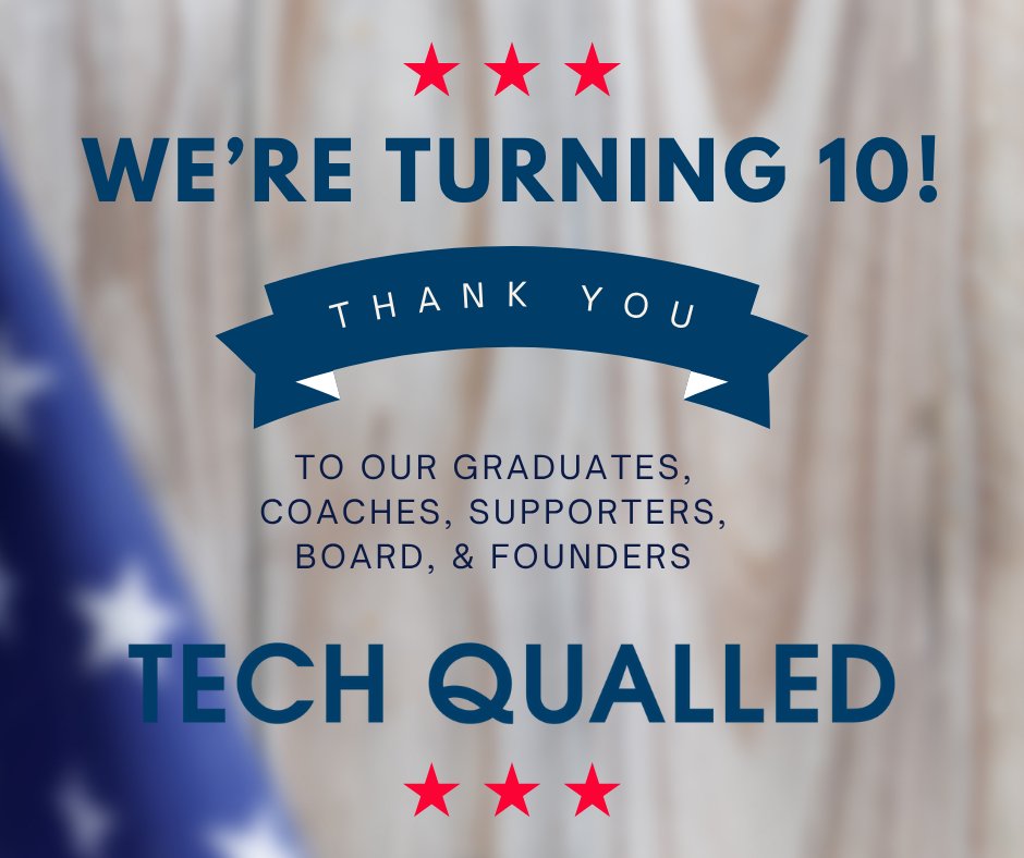 Celebrating 10 years of serving those who served! 

Thank you to our candidates, grads, coaches, staff, board, founders &amp; supporters. 

Your impact on transitioning veterans is real. Here’s to the next decade! 

#Veterans #MilitaryToTech #TechQualled #10YearsStrong #hiremilitary